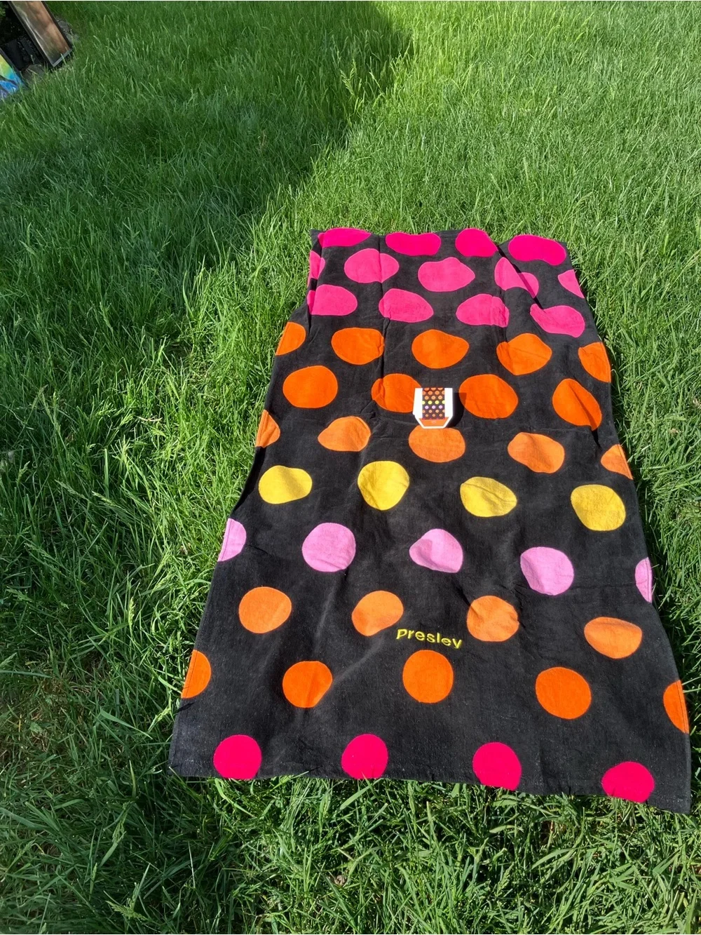 Personalized Black Polka Dot Beach Towel with Pink, Orange & Yellow Dots